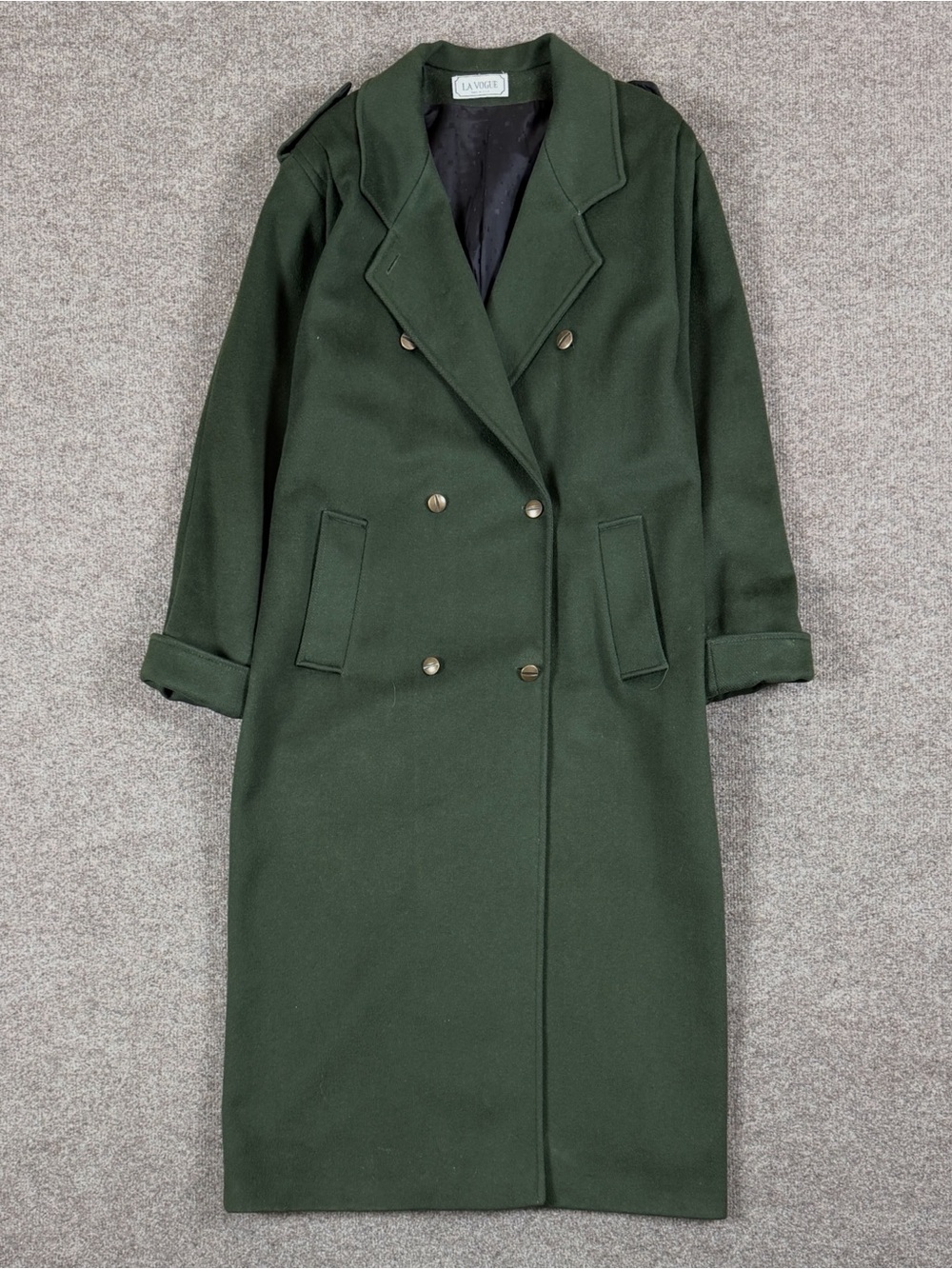 Vintage Green Double Breasted Long Wool Overcoat Women’s XL Epaulets Winter Coat